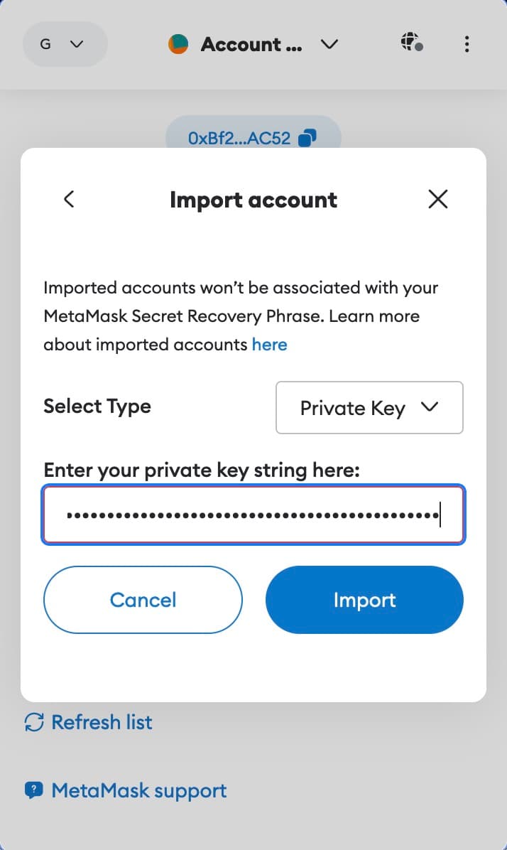 MetaMask Account import